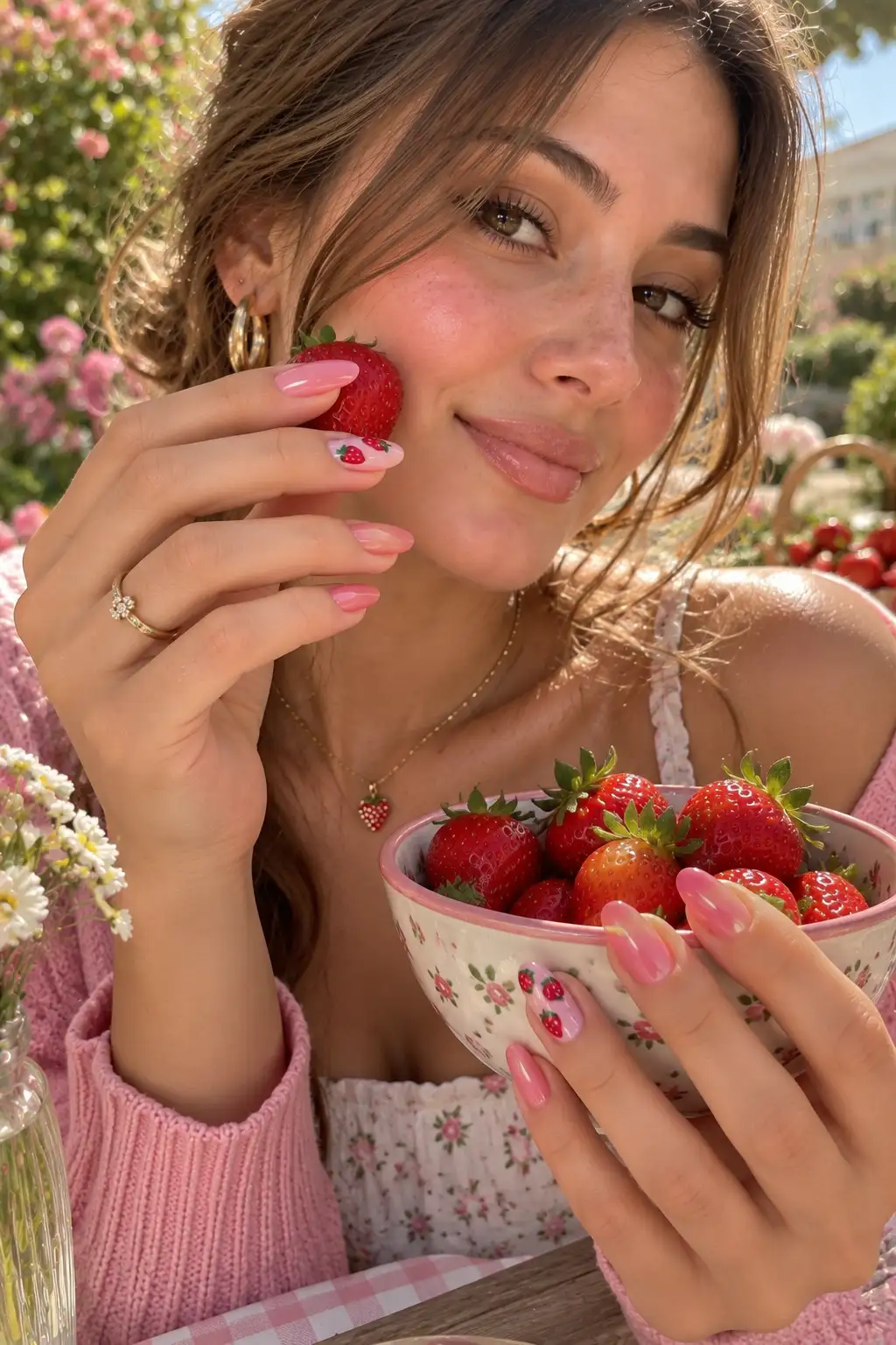 Cute strawberry-inspired manicure with glossy pink nails and tiny detailed strawberry accents featuring red fruit and green leaves on selected accent nails.