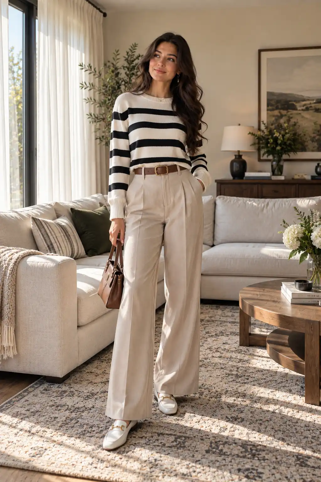 Tall woman wearing a horizontally striped sweater, wide-leg trousers and a defined waist belt, demonstrating how stripes and color blocking can visually balance a tall silhouette.