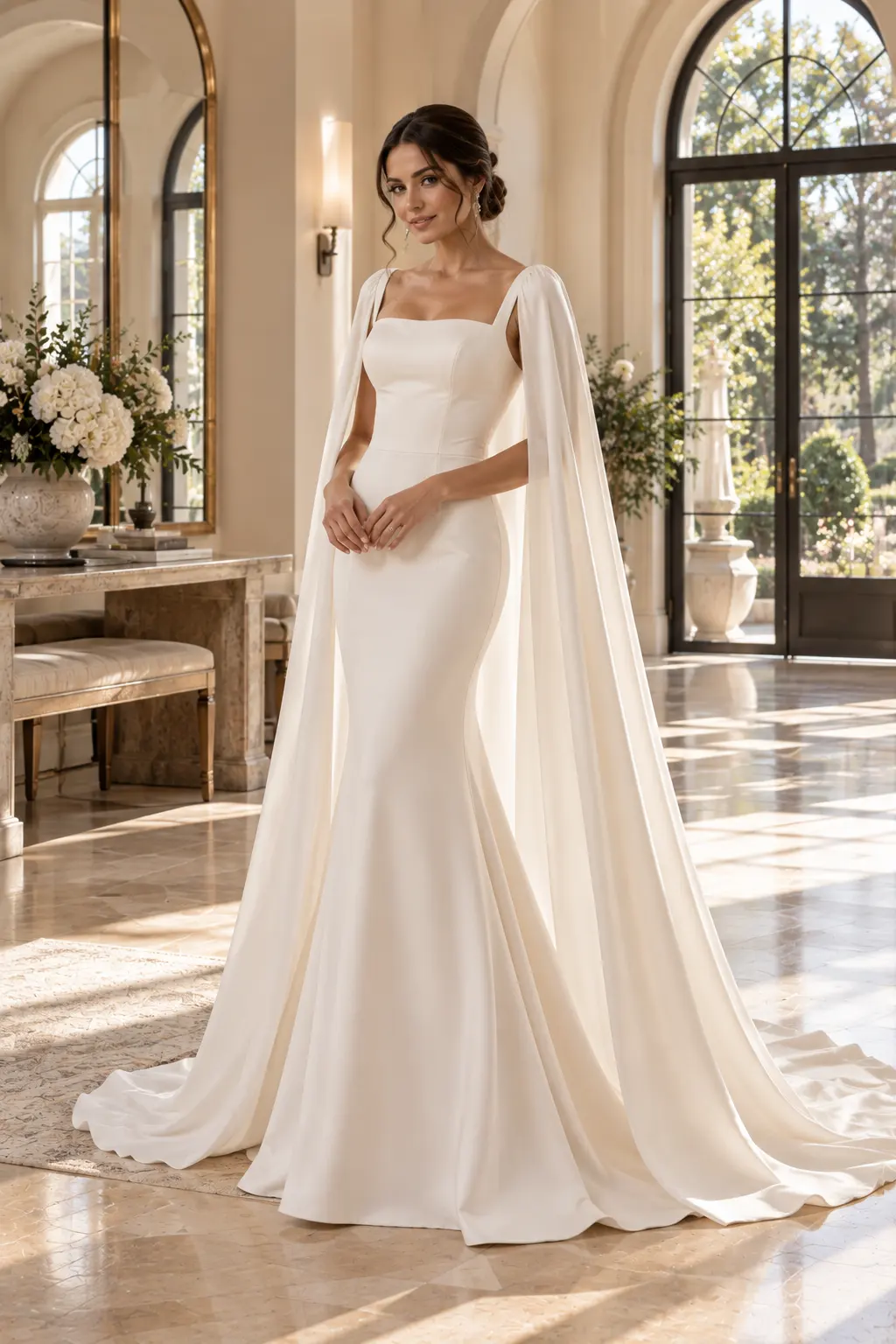 Elegant bride wearing an ivory fitted sheath wedding dress with flowing cape sleeves and a sleek floor-length silhouette in a modern luxury home.