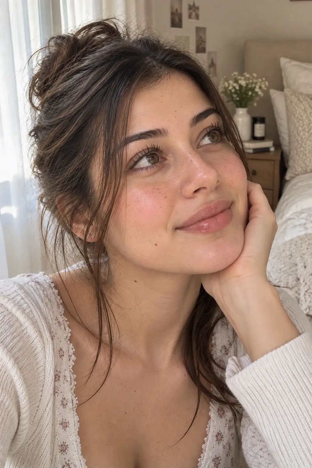 Young woman showing a clean lash-only makeup look with naturally curled and separated eyelashes, one light coat of mascara, bare-looking skin, softly groomed brows, and minimal lip balm beside a bedroom window.
