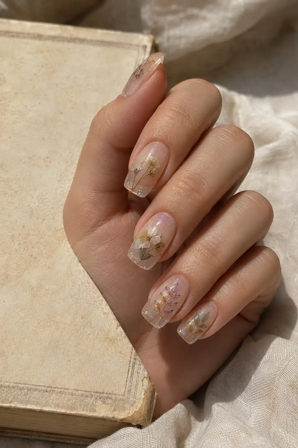 Transparent glass-like squoval nails with tiny pressed leaves, delicate stems, and miniature muted flower petals suspended inside.
