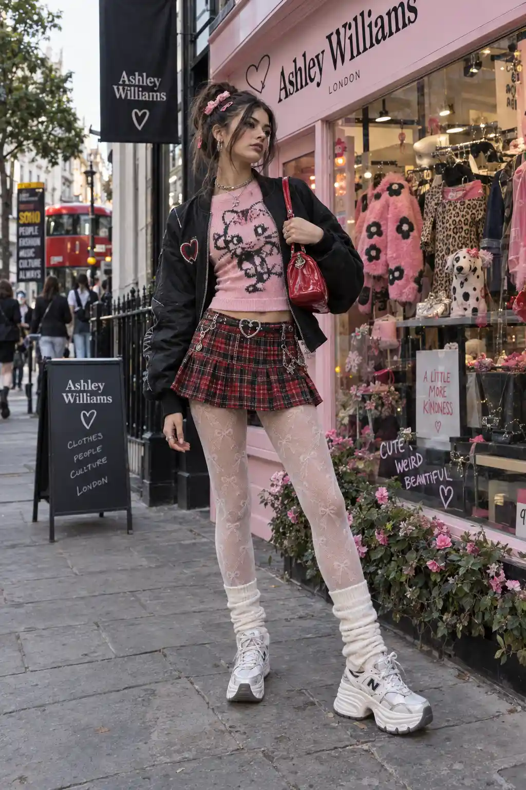 Ashley Williams-inspired playful women's streetwear outfit featuring a colorful knit top, pleated mini skirt, oversized bomber jacket, platform sneakers, shoulder bag, and a vibrant London boutique.
