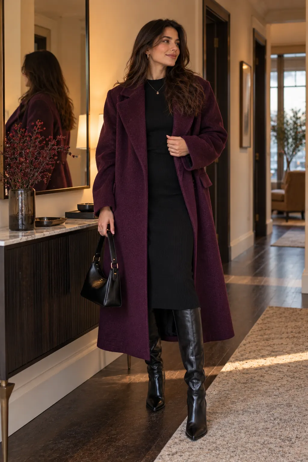 Woman wearing an oversized plum long coat over a black knit dress with black tights and black boots
