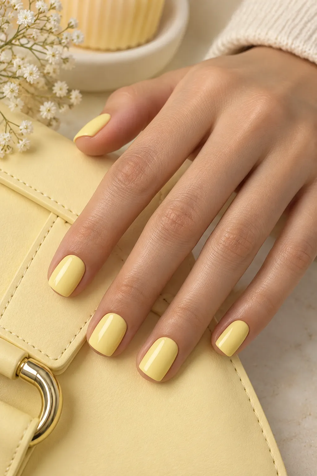 Short square nails painted in a soft buttery yellow polish with a creamy pastel finish and neatly defined square tips.