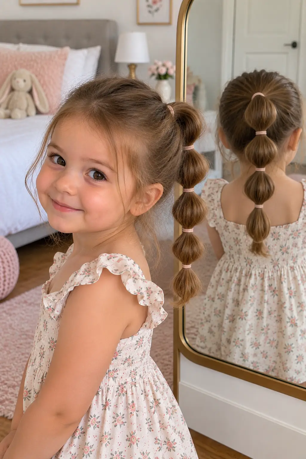Toddler girl wearing a bubble ponytail divided into several rounded sections with small elastics, creating a playful and photogenic hairstyle.