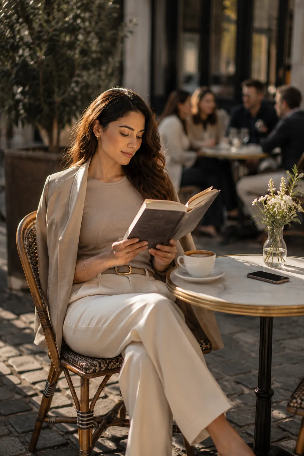 A confident woman sits alone at a modern café terrace reading a book with her phone placed face down beside her coffee, illustrating independence, personal boundaries, and being comfortable without seeking constant validation.