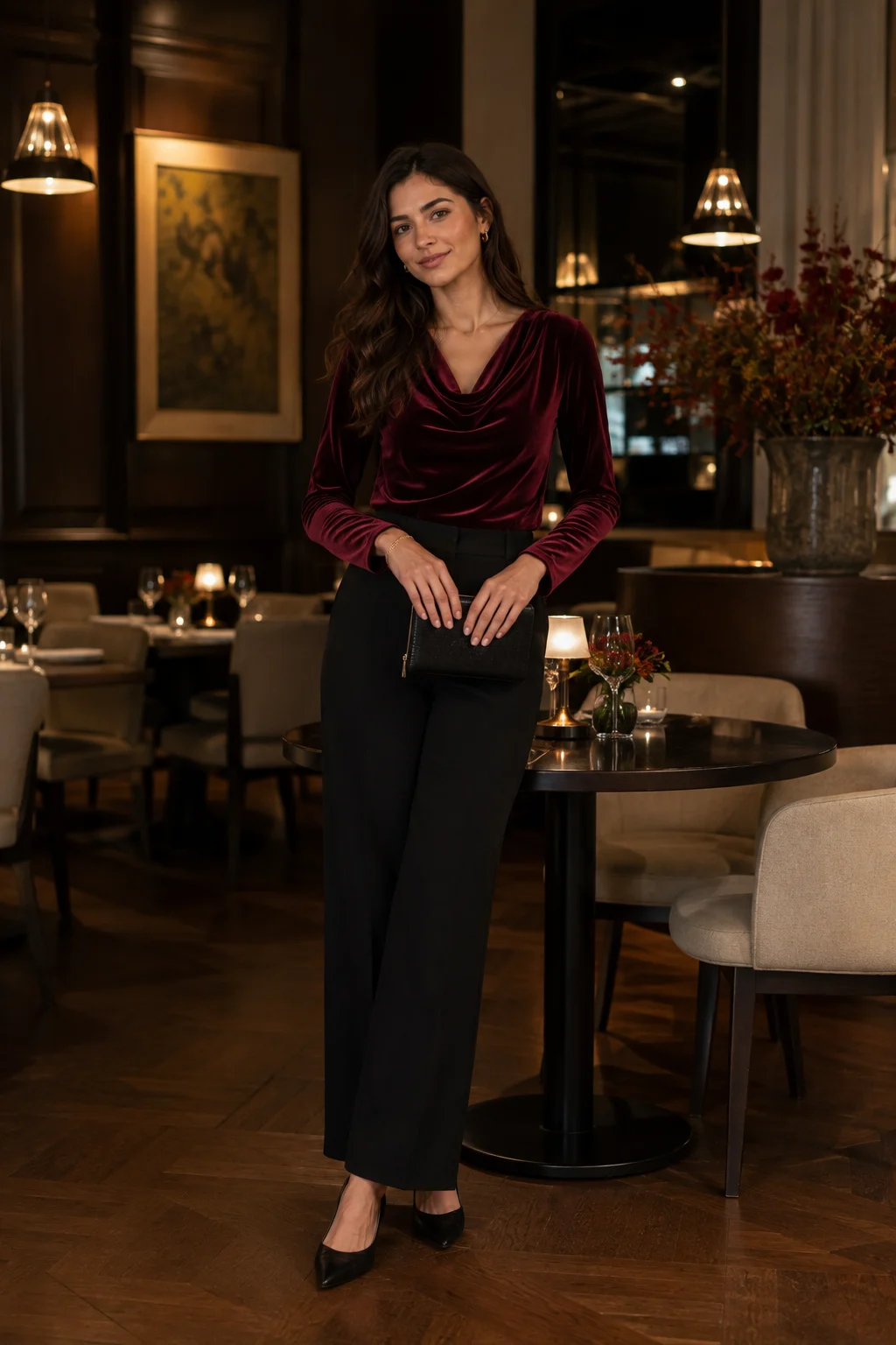 Young woman wearing a deep burgundy velvet cowl-neck blouse with tailored black trousers, pointed kitten heels, and a black clutch in an elegant restaurant lounge.