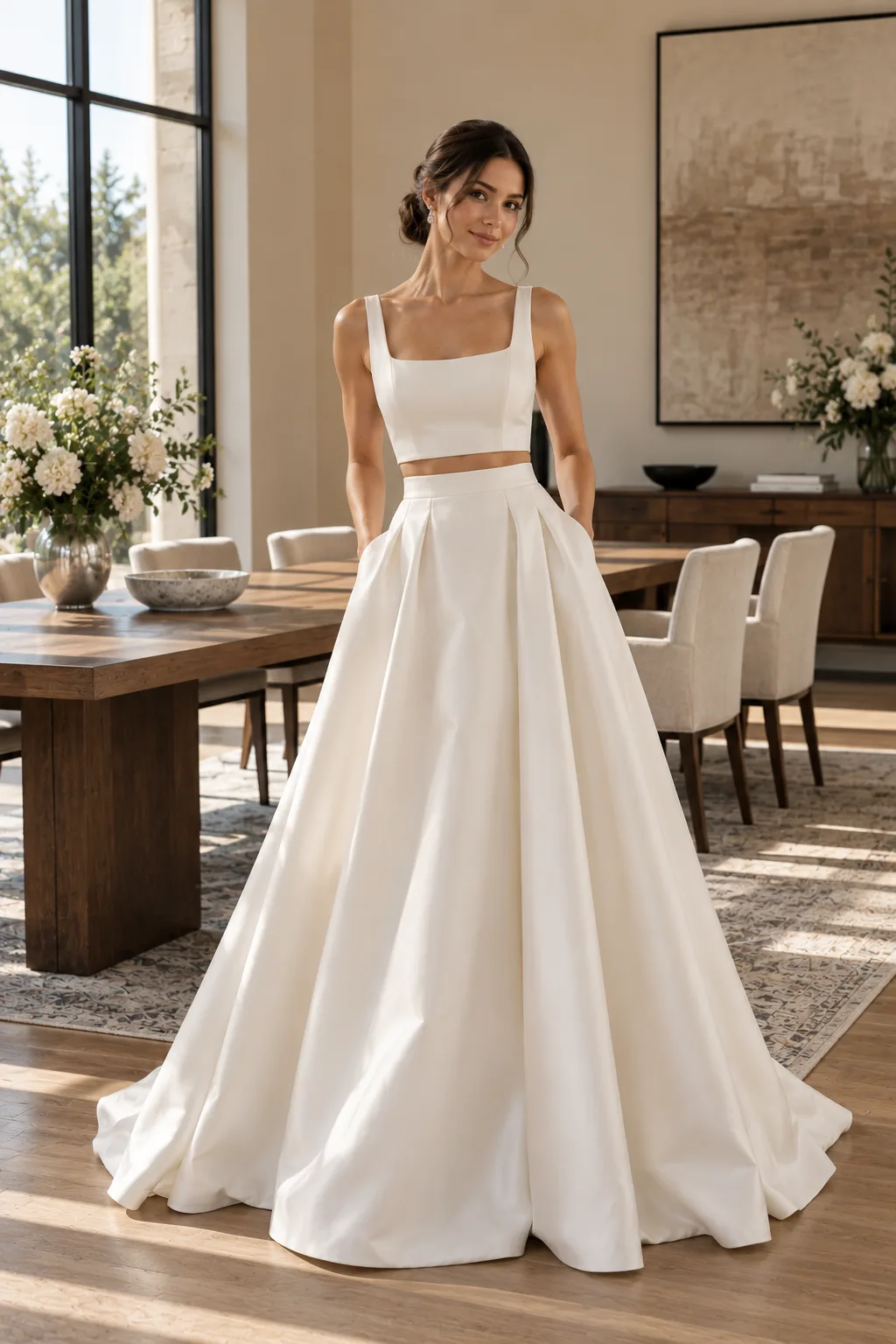 Fashion-forward bride wearing an ivory two-piece wedding gown with a structured cropped bridal top and matching high-waisted floor-length skirt.