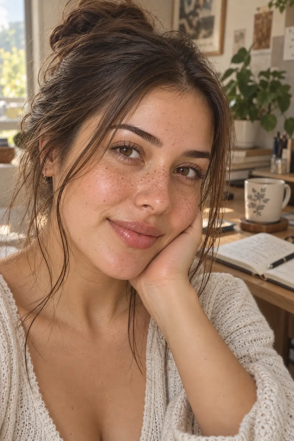 Close-up of a young woman with delicate natural-looking faux freckles scattered across her nose and upper cheeks, minimal makeup, realistic skin texture, soft brows, and sheer lip balm in a cozy home office.