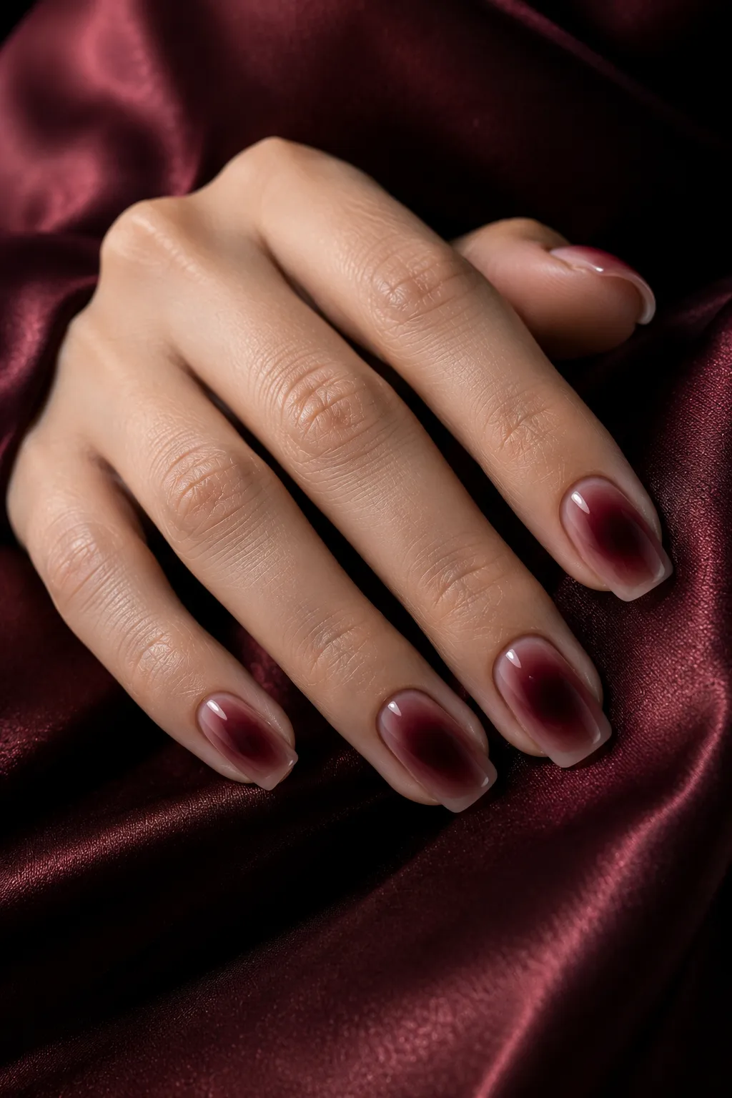 Medium squoval nails with a translucent nude base and a deep black cherry aura fading through burgundy and dusty rose.