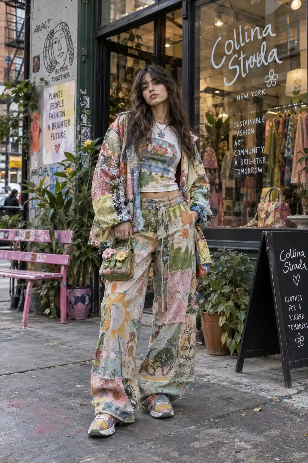Collina Strada-inspired maximalist women's streetwear outfit with a colorful printed jacket, graphic top, wide-leg patterned trousers, statement accessories, sneakers, and a creative New York fashion boutique.