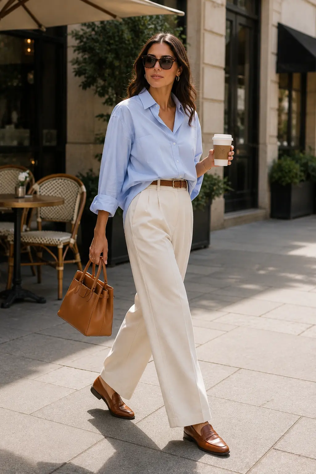 A woman wearing an oversized pale-blue button-down shirt with cream wide-leg trousers, a cognac leather belt, brown loafers, and a structured tan handbag for a polished casual look.