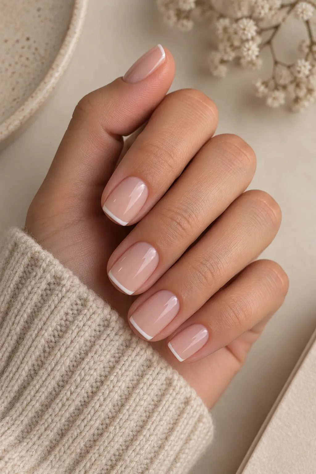 Short square nails with a sheer natural base and ultra-thin white micro French tips for a subtle minimalist manicure.