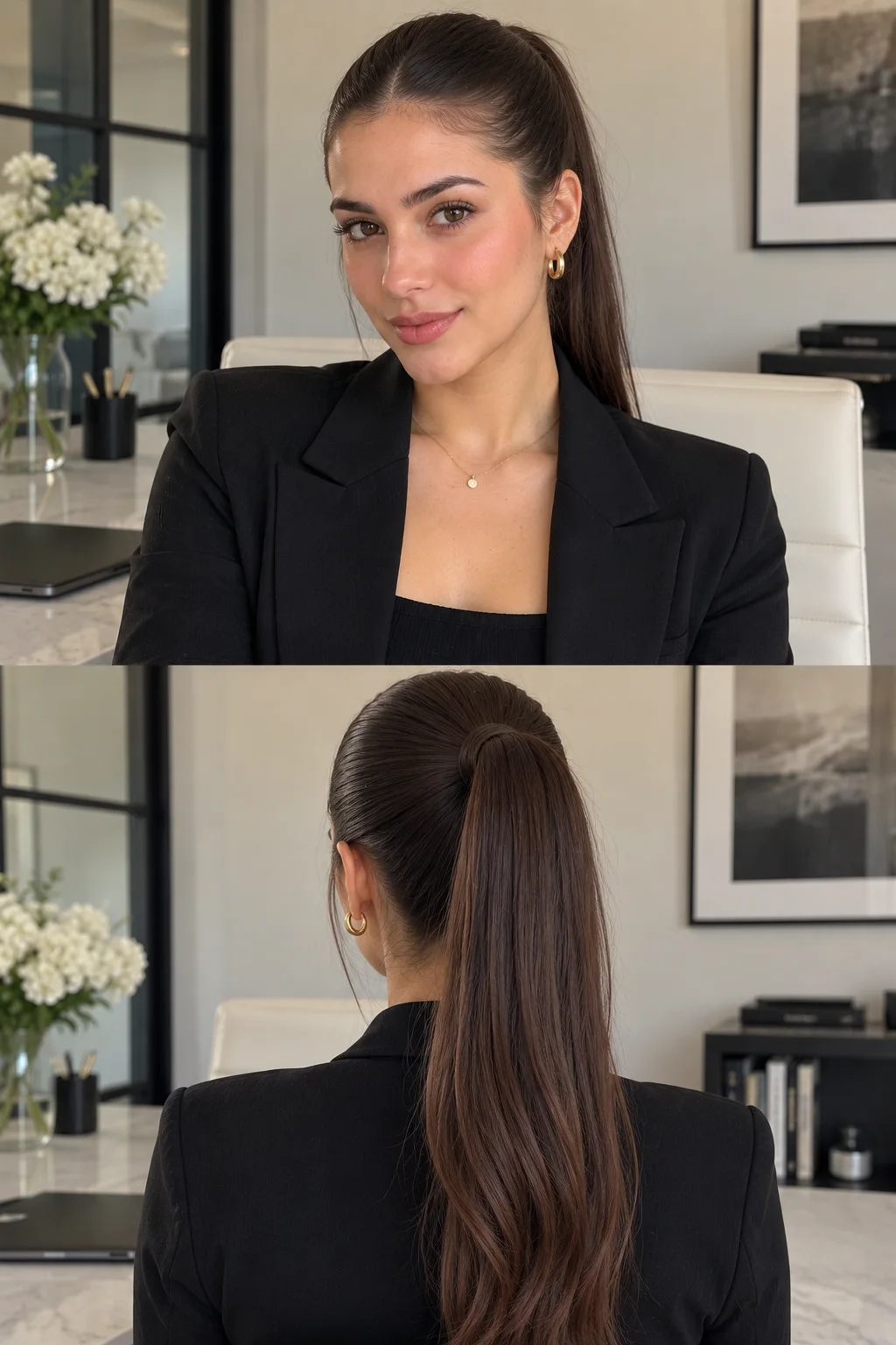 Sleek slicked-back ponytail with smooth brushed-back hair and a polished finish, creating an elegant office-friendly everyday hairstyle.