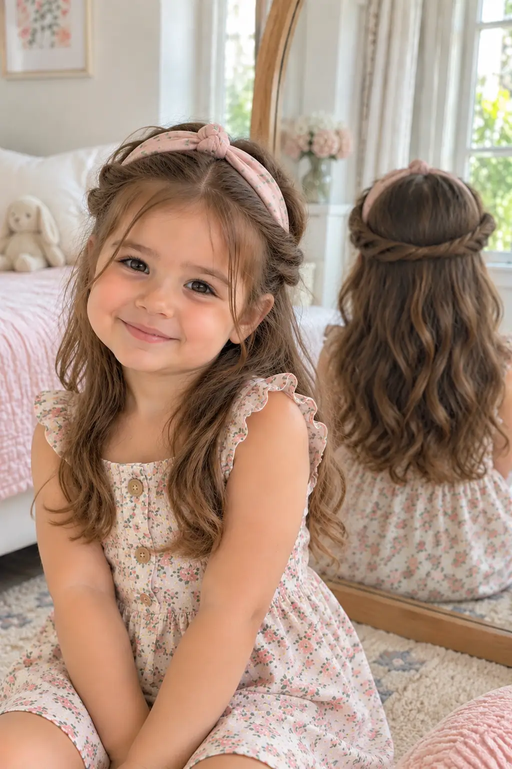 Toddler girl wearing a soft headband with the front sections of her hair twisted around the band while the rest of her hair remains loose.