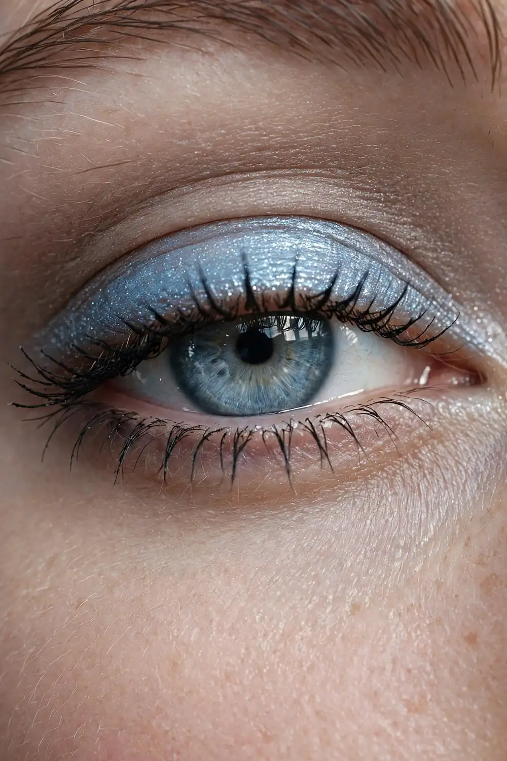 Frosted makeup look with icy blue shimmer eyeshadow