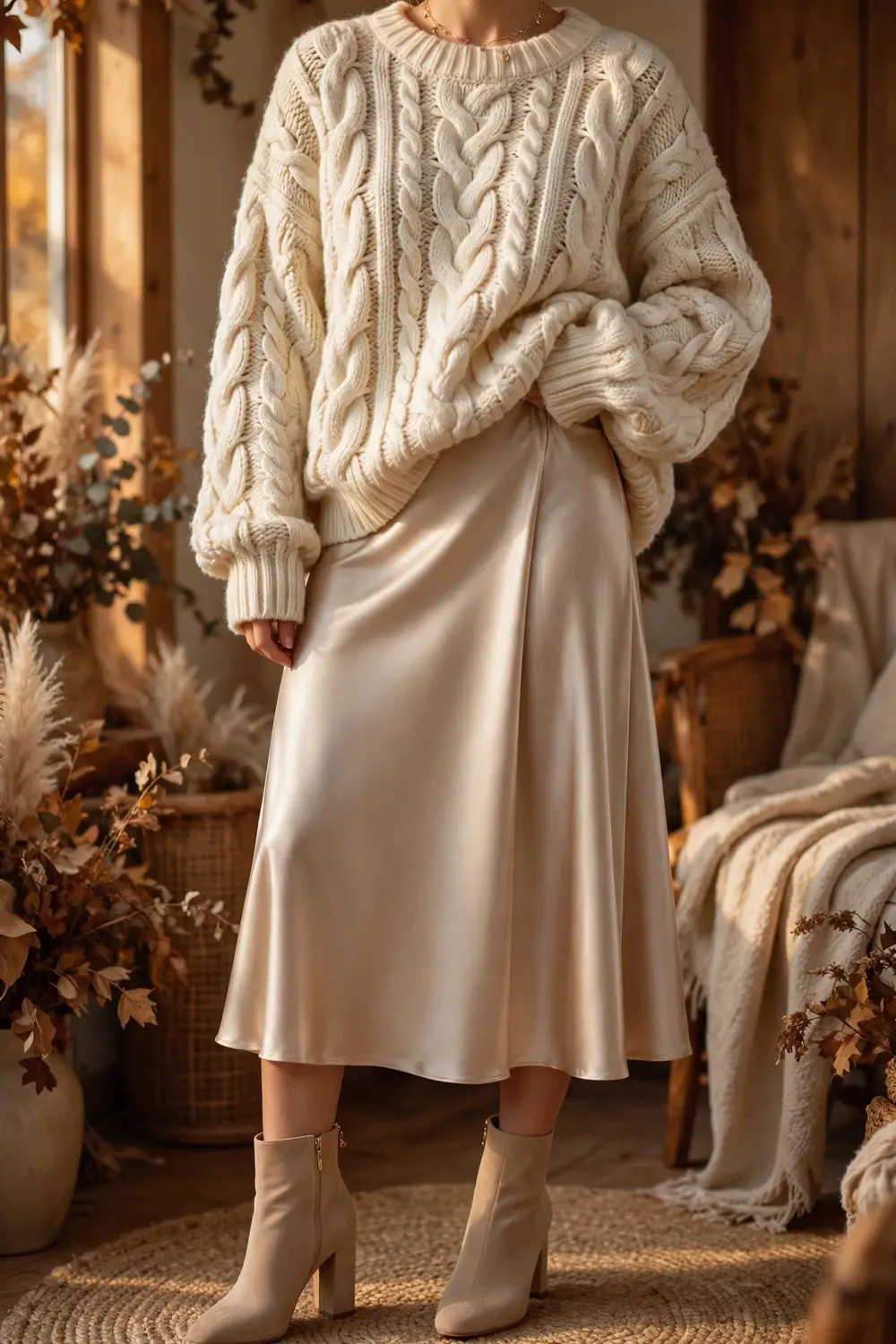 Thanksgiving outfit idea with chunky knit sweater and satin midi skirt
