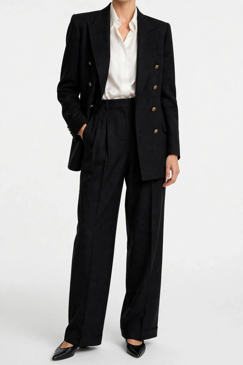 80s luxury outfit with double breasted blazer and wide leg trousers