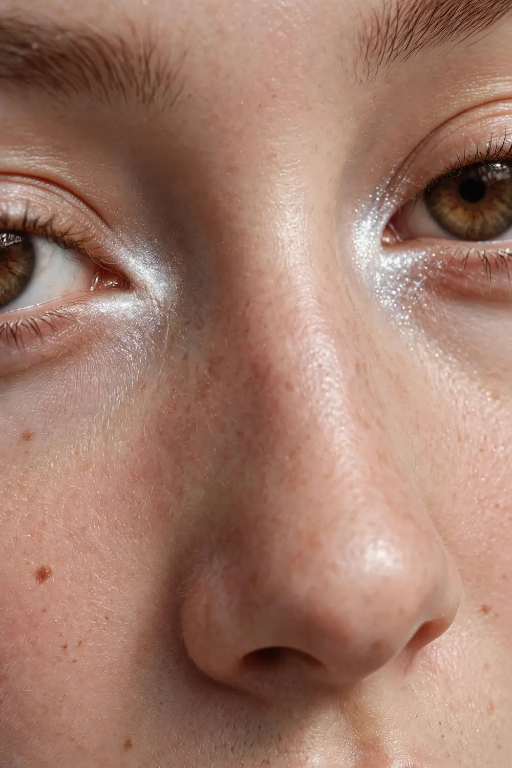 Frosted makeup look with icy inner corner highlight