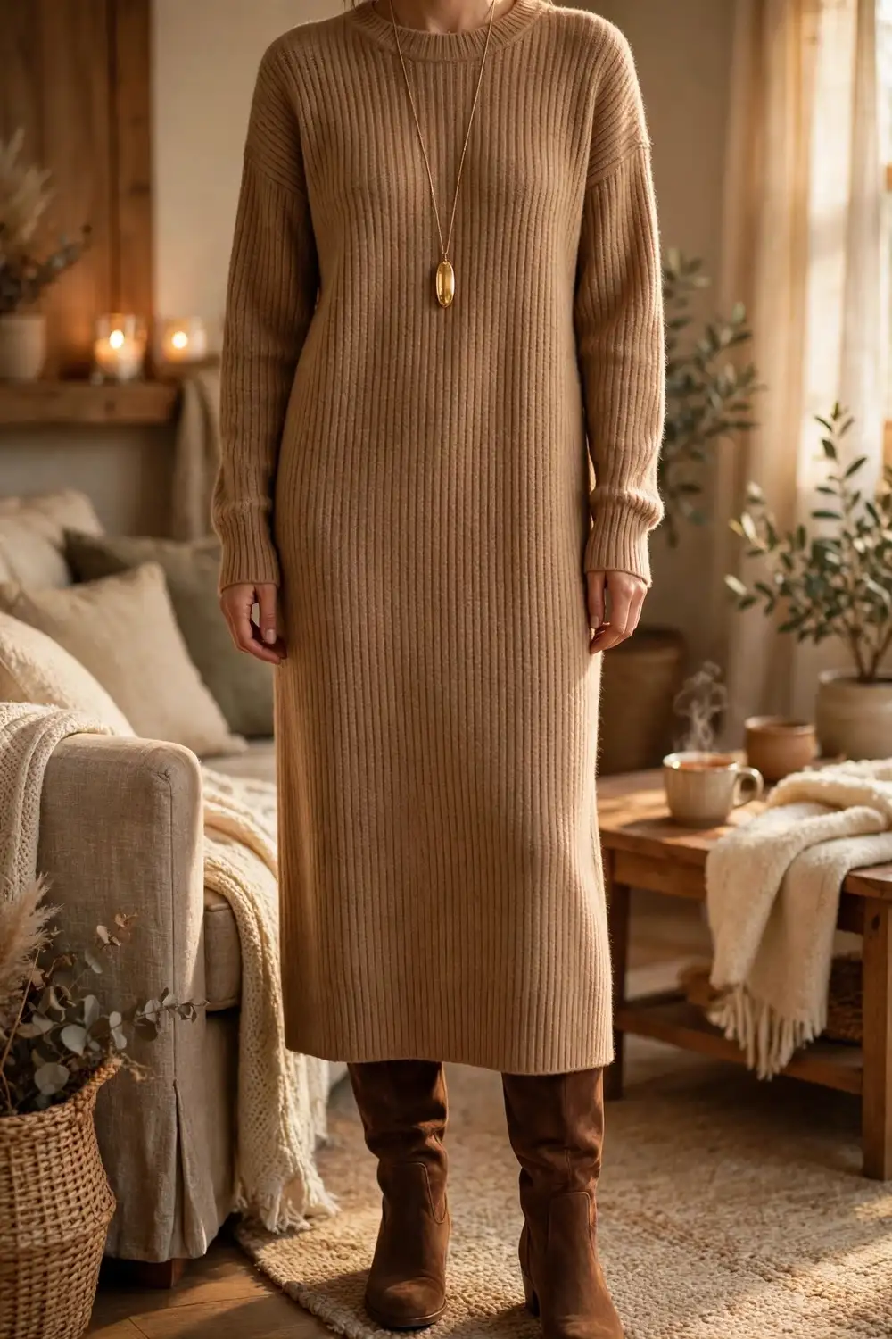 Thanksgiving outfit idea with camel sweater dress and knee high boots