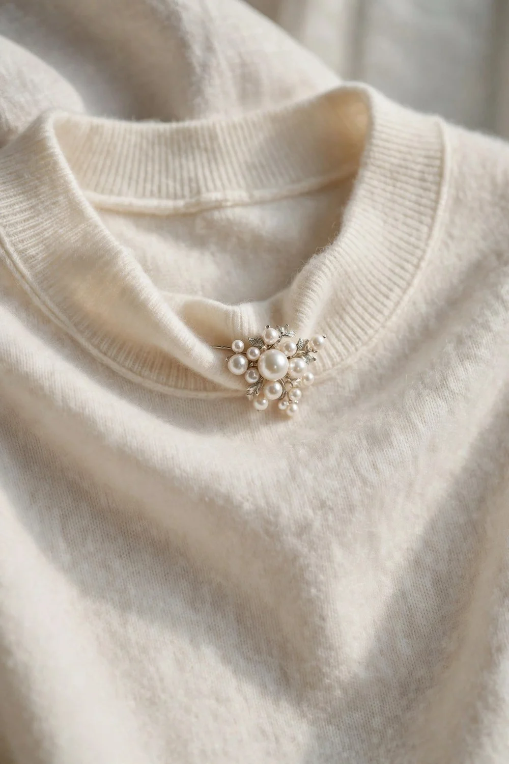 Brooch outfit idea with pearl brooch at sweater neckline