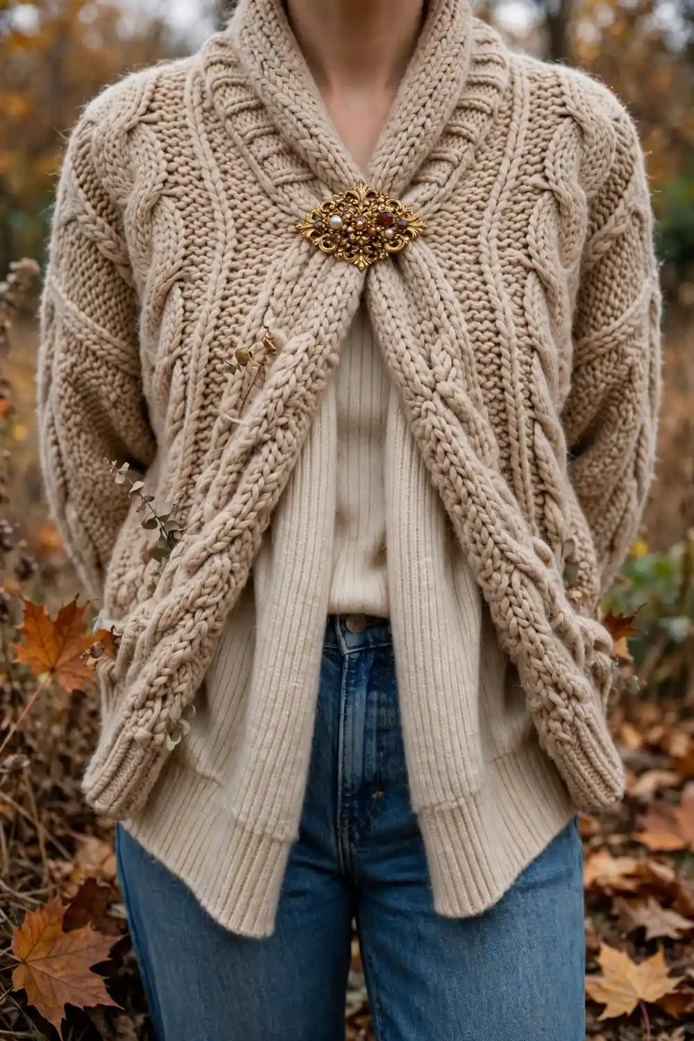 Brooch outfit idea closing a chunky cardigan with a gold brooch