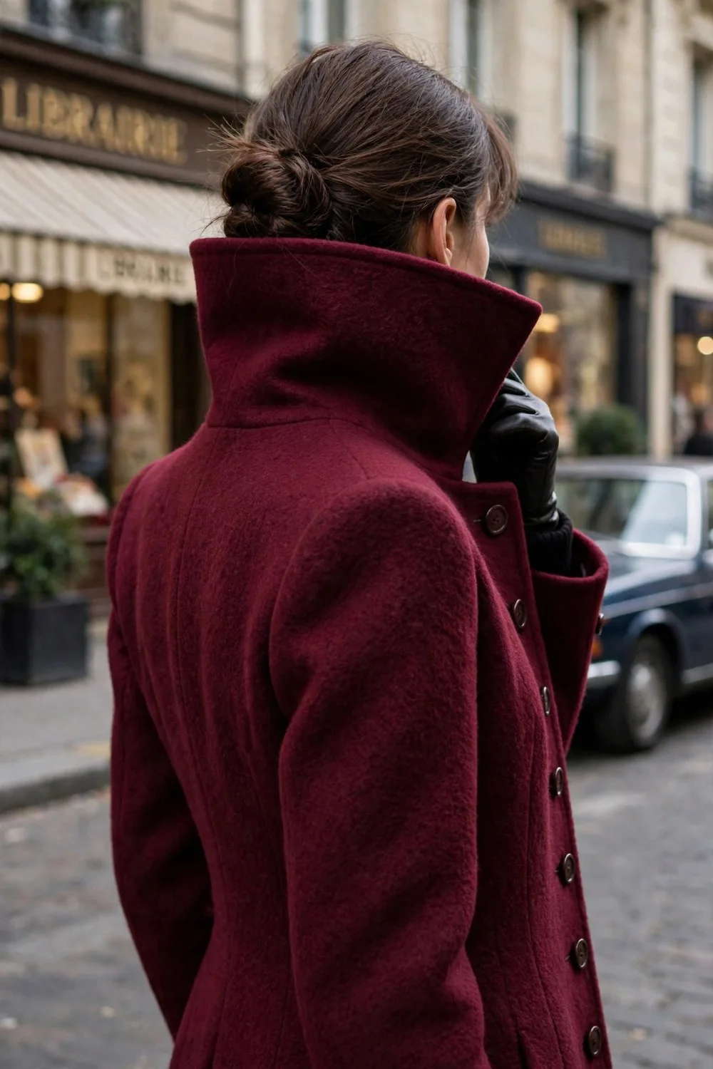 80s luxury outfit with burgundy funnel neck wool coat
