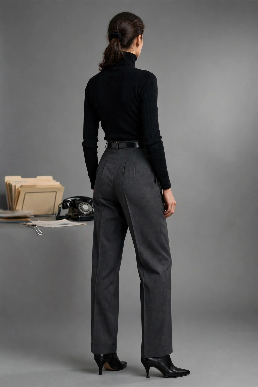 80s luxury outfit with pleated trousers and fitted black turtleneck