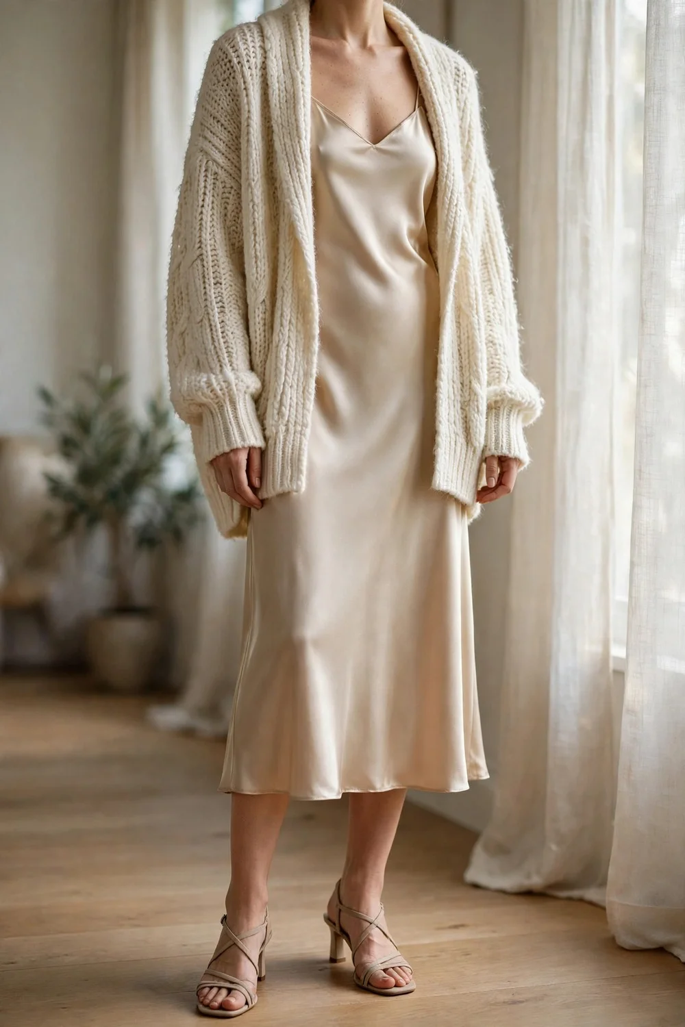 Thanksgiving outfit idea with cardigan over satin slip dress