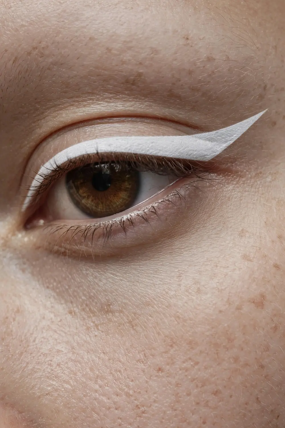 Frosted makeup look with white graphic eyeliner