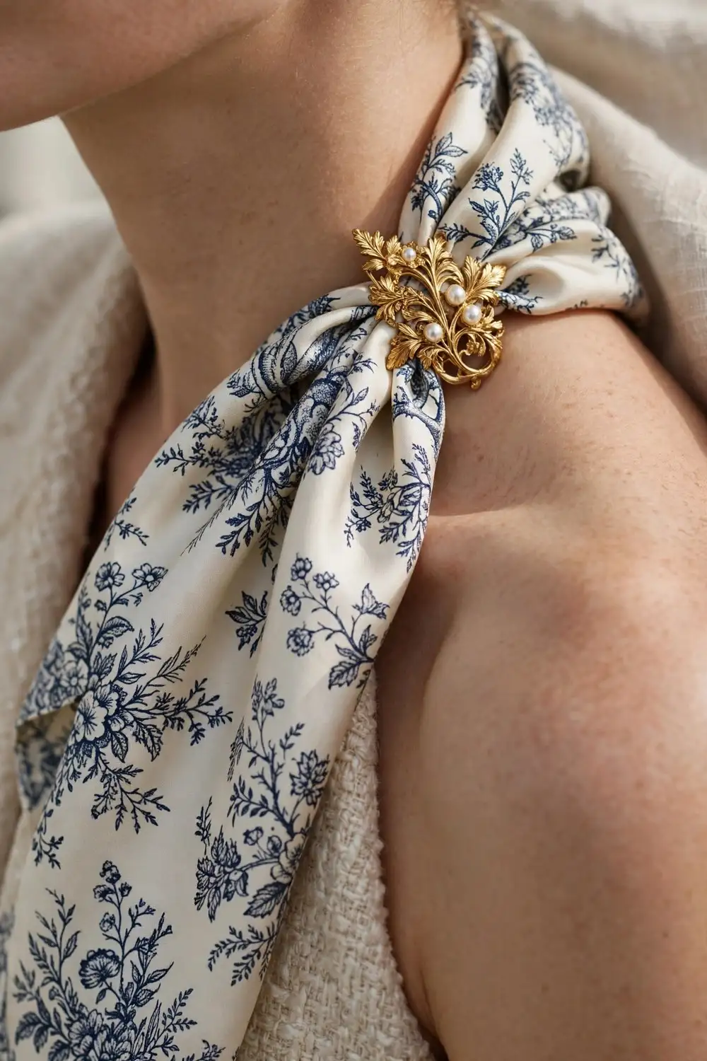 Brooch outfit idea fastening a silk scarf with a gold brooch