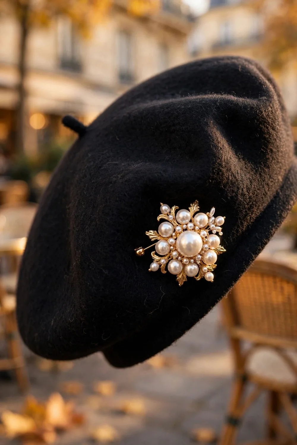 Brooch outfit idea with pearl brooch on a black beret