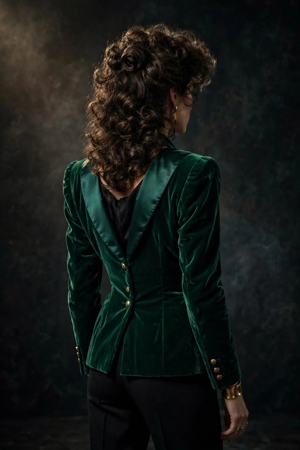 80s luxury outfit with emerald velvet blazer for evening