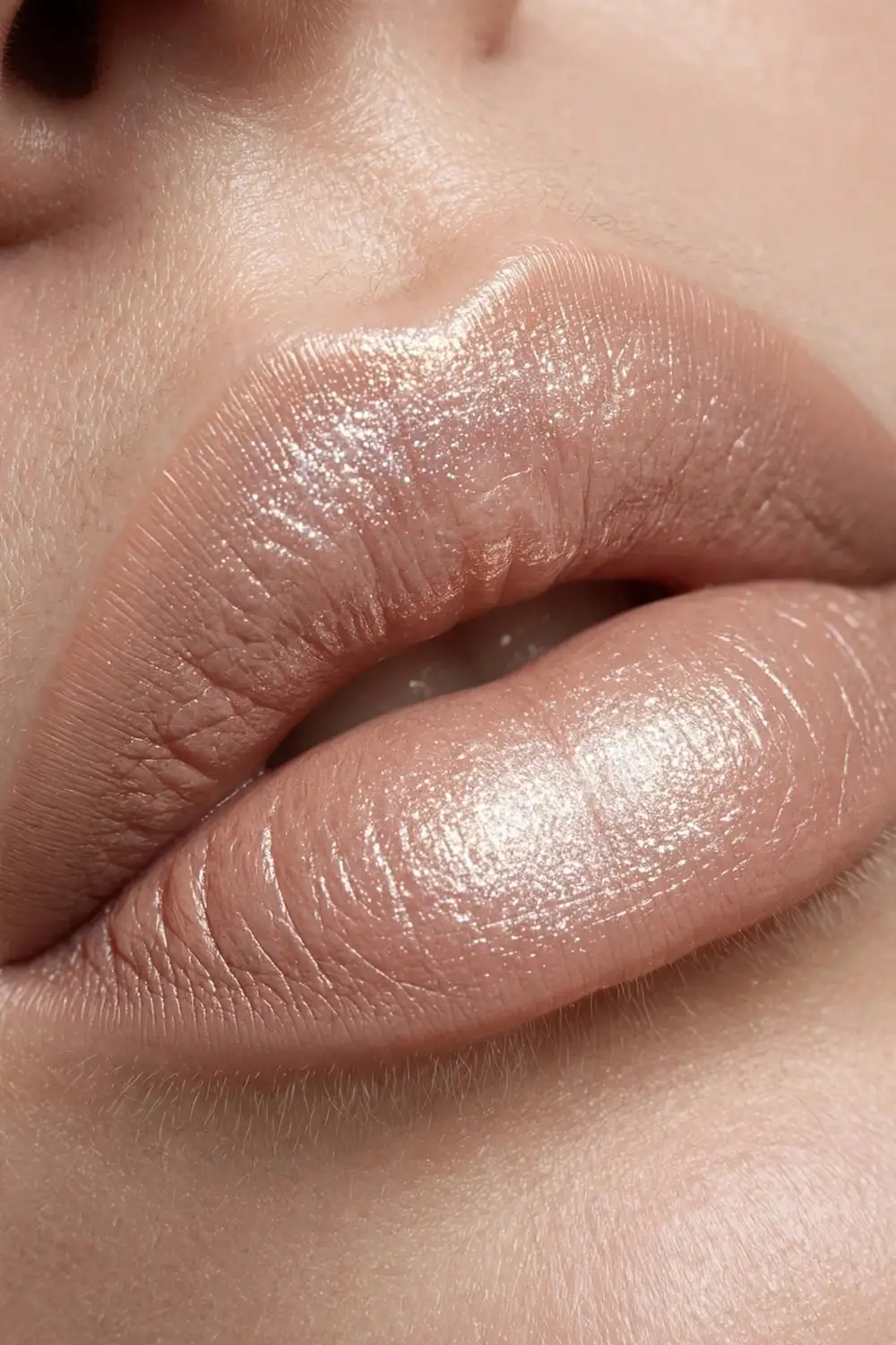 Frosted makeup look with shimmer lip topper