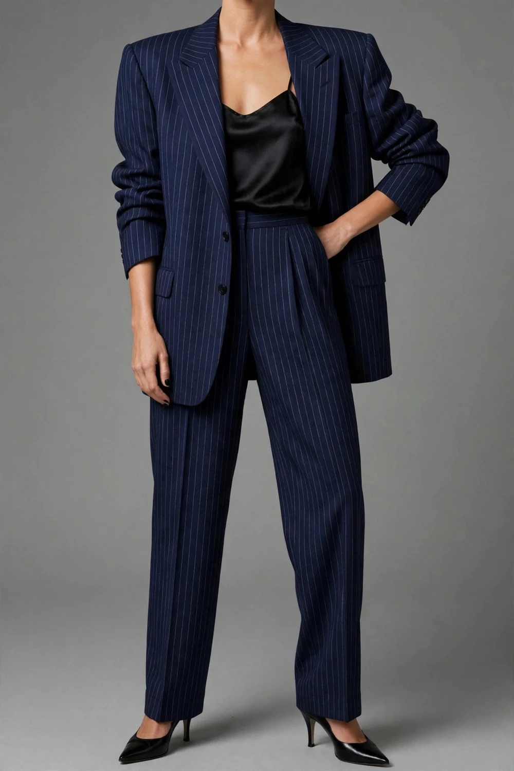 80s luxury outfit with oversized pinstripe suit and camisole
