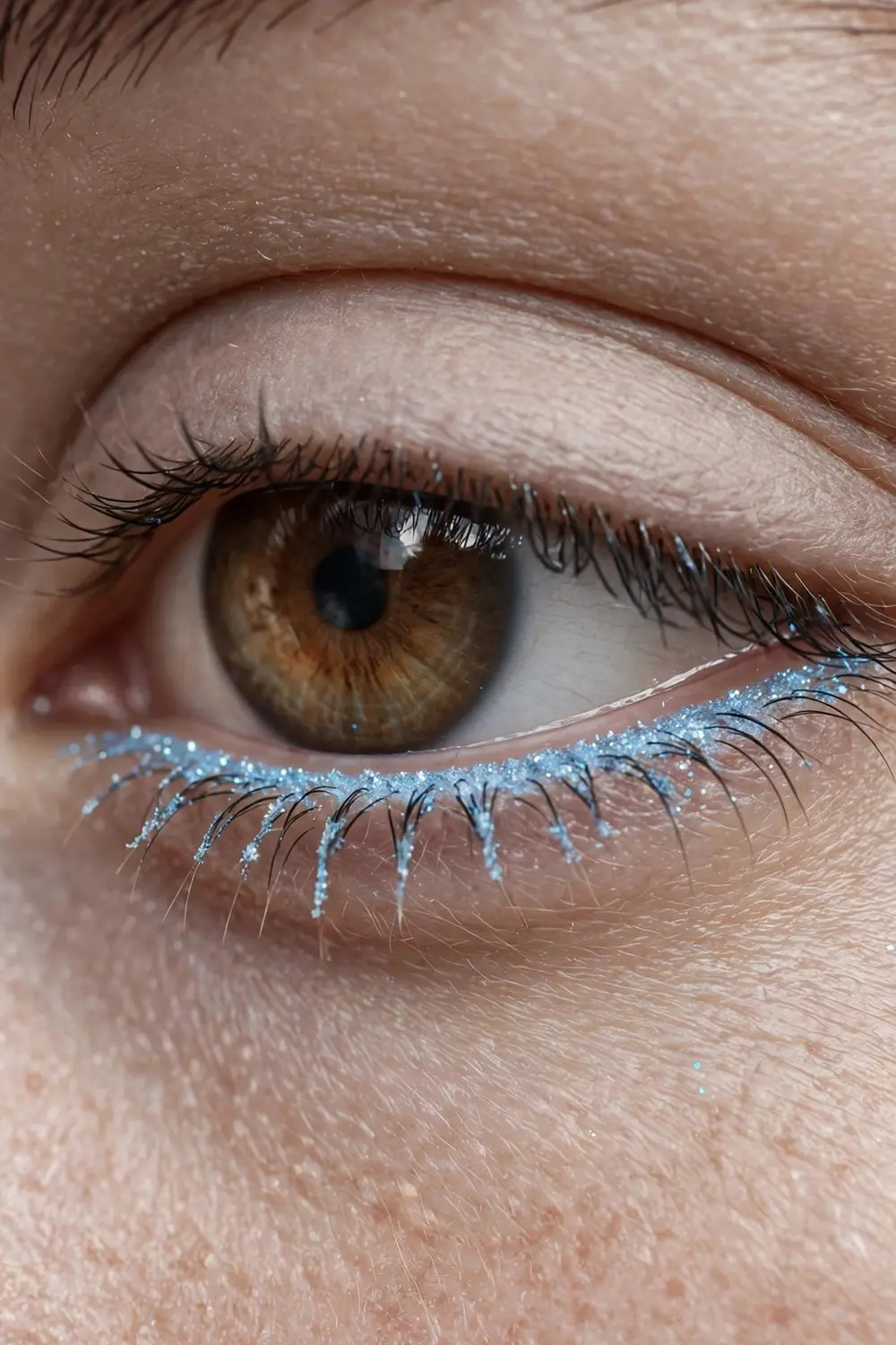 Frosted makeup look with icy blue lower lash line