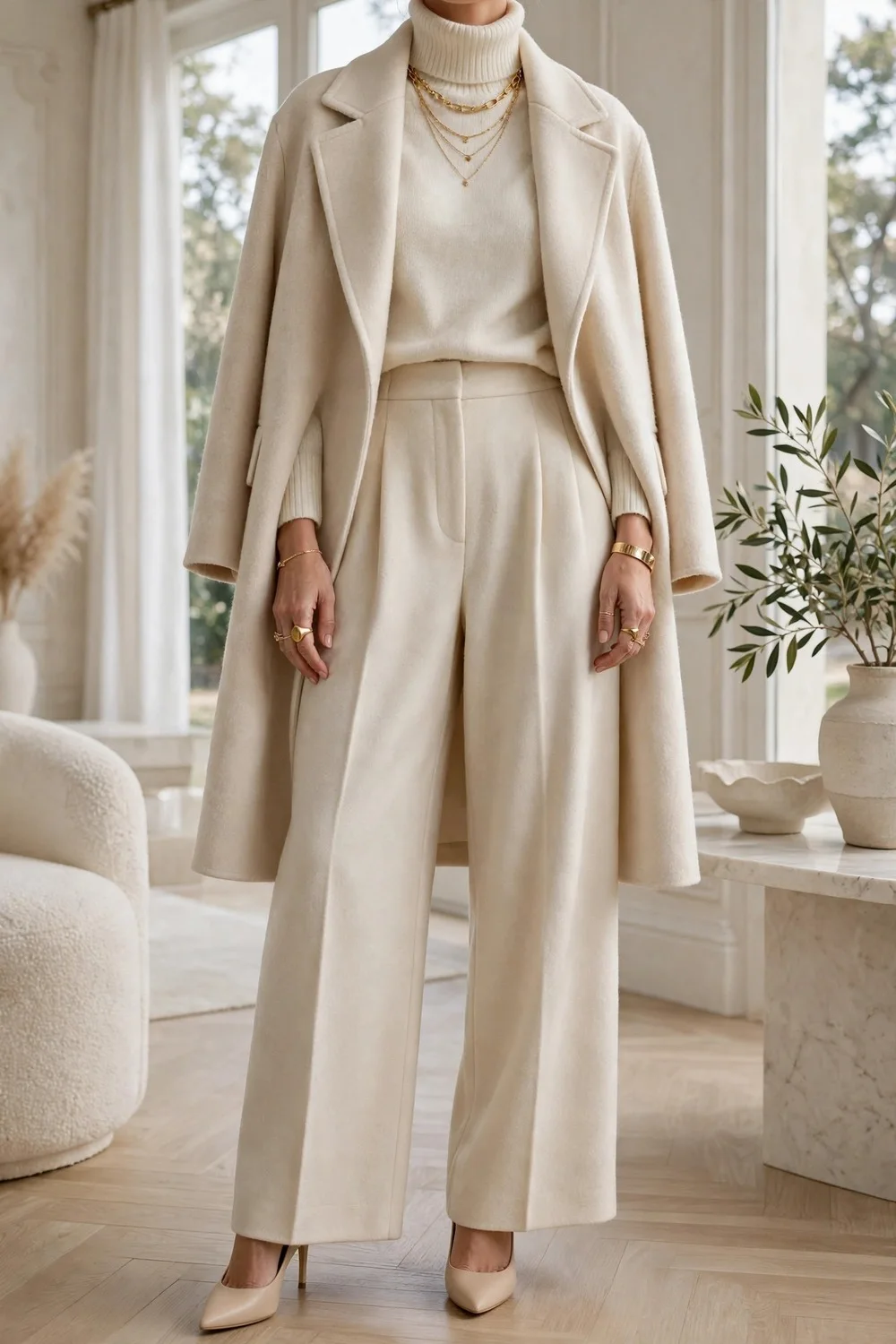 Thanksgiving outfit idea monochrome cream from head to toe