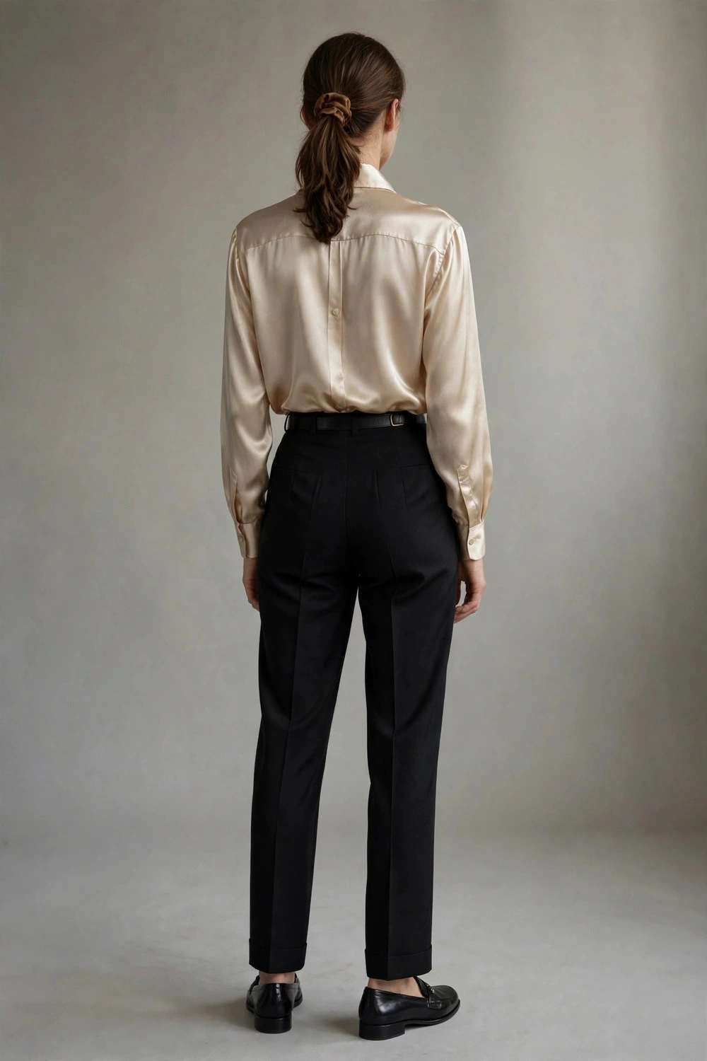 80s luxury outfit with champagne silk shirt and tailored trousers
