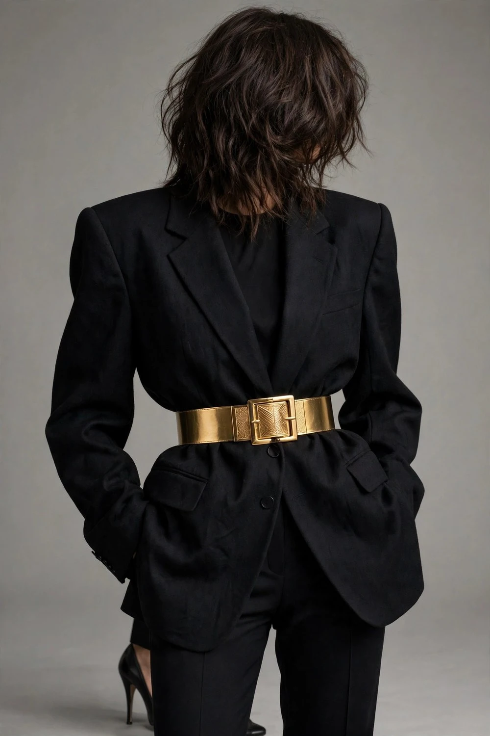 80s luxury outfit with oversized blazer belted with gold belt