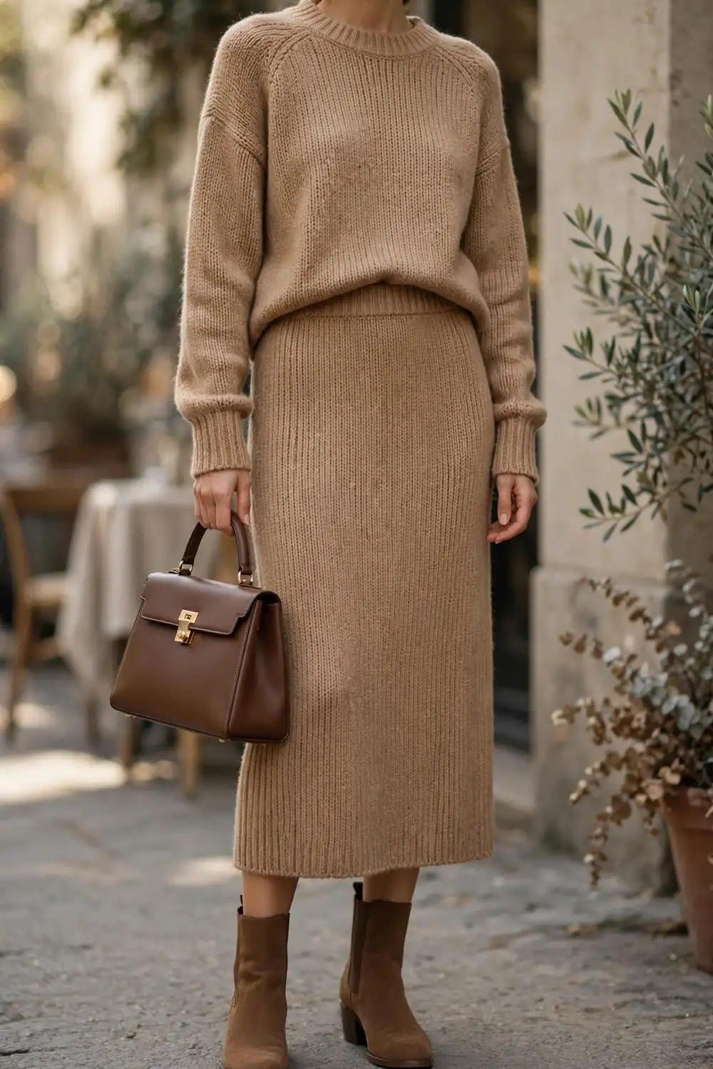 Thanksgiving outfit idea with camel knit co ord set