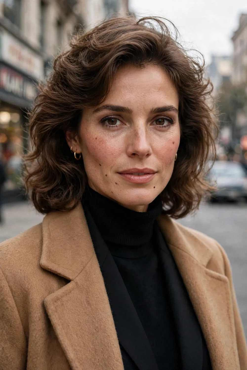 80s luxury outfit with camel coat over black monochrome tailoring