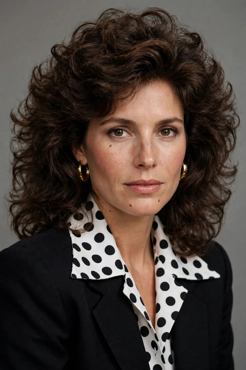 80s luxury outfit with polka dot blouse under a dark suit