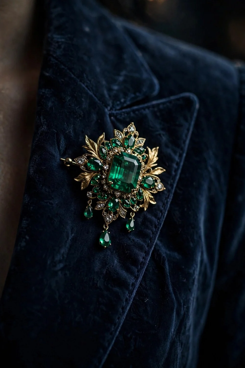 Brooch outfit idea with emerald brooch on midnight blue velvet blazer