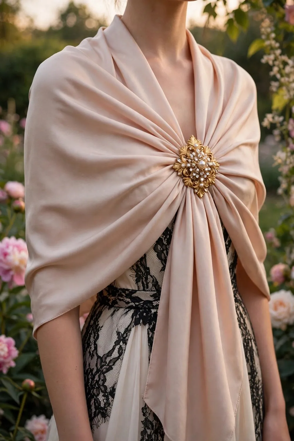 Brooch outfit idea fastening a draped shawl with a gold brooch