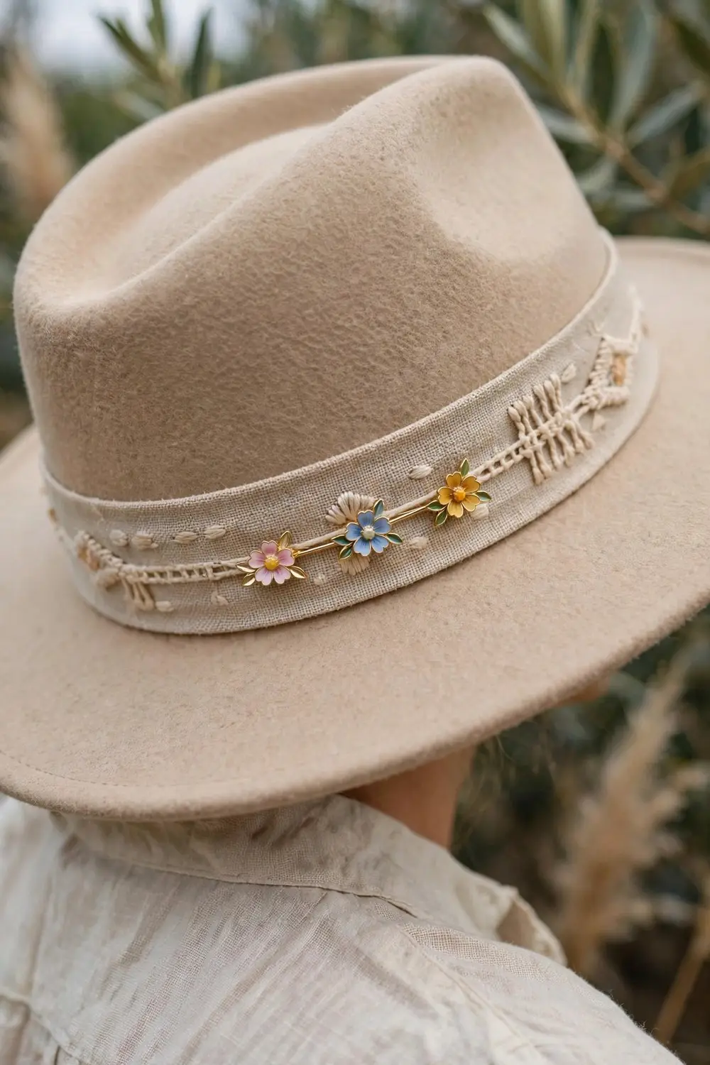 Brooch outfit idea with tiny enamel brooches on fedora hat band