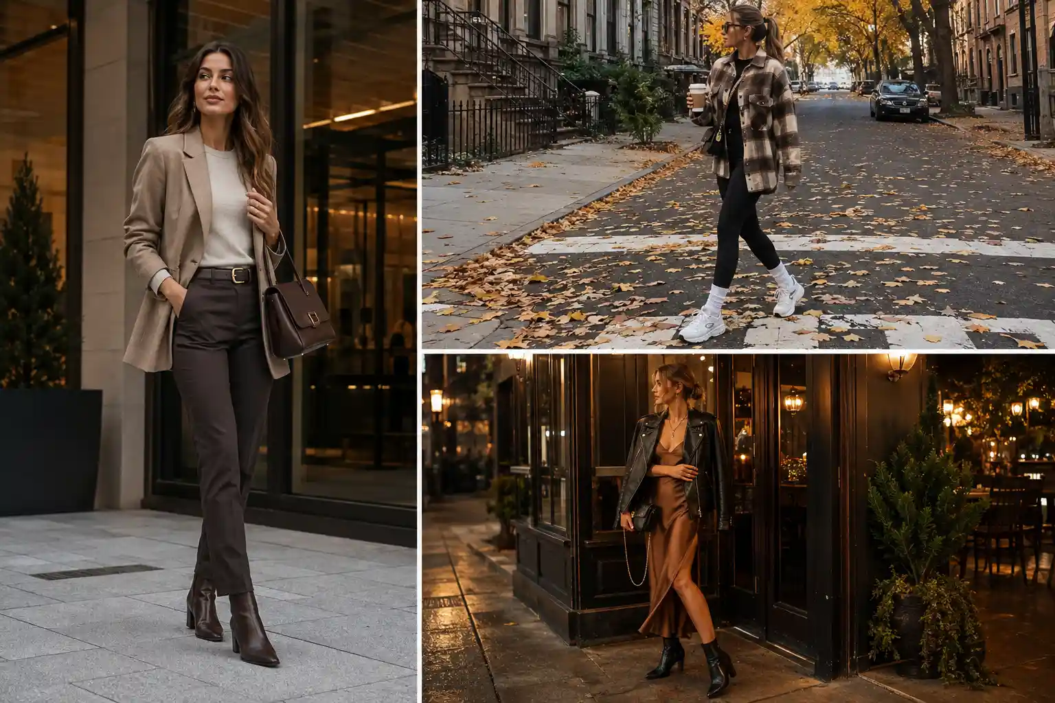 Pinterest featured image collage showcasing three stylish fall outfit ideas for women, including a polished neutral blazer and tailored trousers look, a casual plaid jacket with black leggings and white sneakers, and an elegant brown satin midi dress layered with a black leather jacket and ankle boots. The editorial fashion collage features sophisticated autumn colors, city street settings, warm restaurant lighting, fall foliage, and modern women’s fall fashion styling.