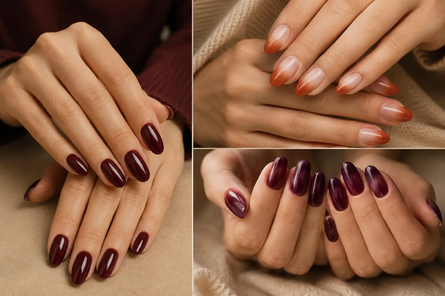 Premium Fall Nail Designs collage featuring three detailed manicure views with realistic hands, including deep burgundy glossy almond nails, warm terracotta ombre French tip nails, and rich deep plum glossy nails, arranged in a sophisticated three-panel editorial grid with warm beige, caramel, burgundy, and autumn-inspired backgrounds, realistic skin texture, natural cuticles, authentic nail beds, detailed glossy polish reflections, professional salon-quality finishes, and luxury beauty magazine styling for fall nail inspiration, easy autumn manicure ideas, burgundy nails, terracotta ombre nails, plum nails, and trendy DIY nail designs.