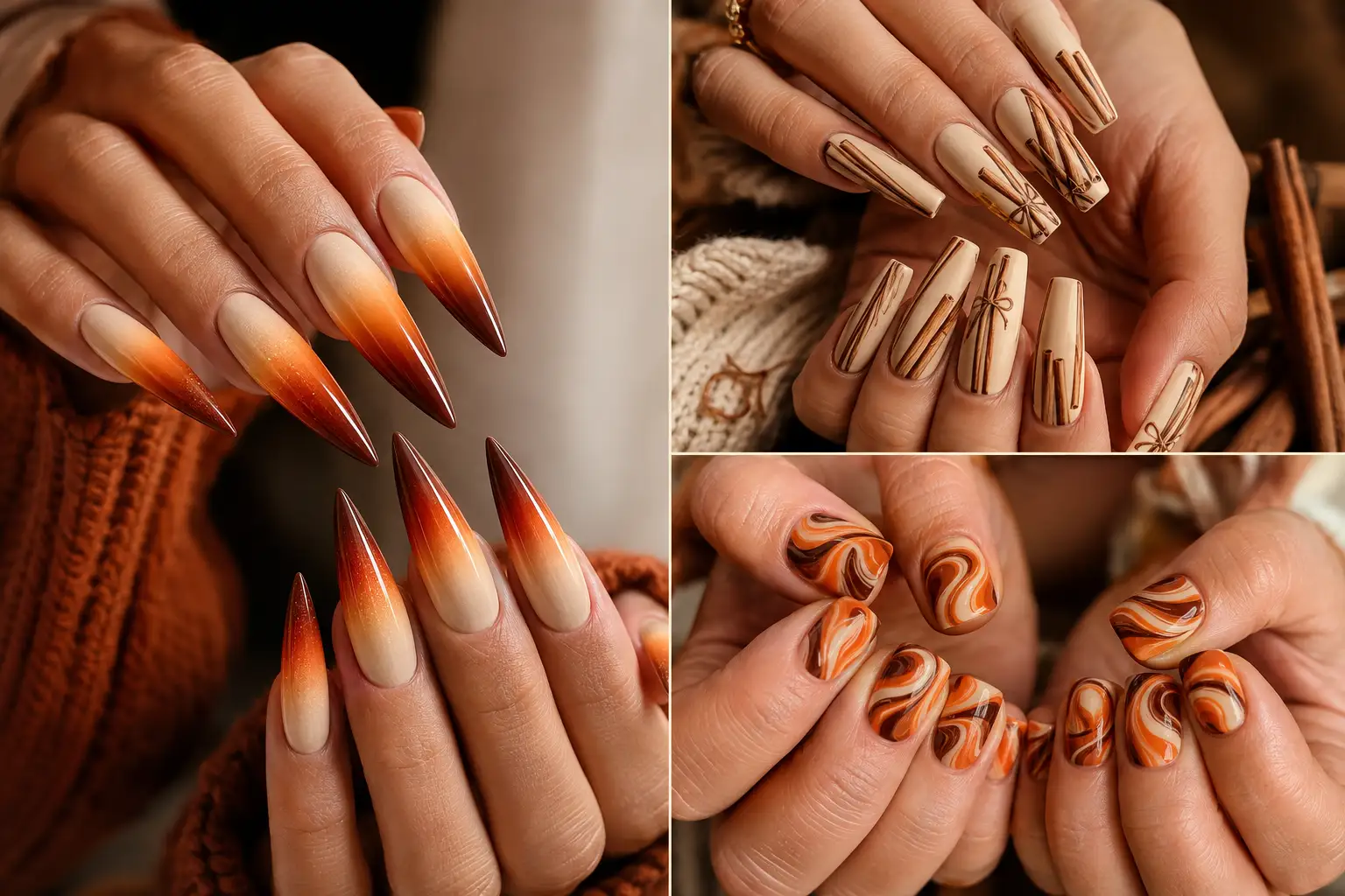 Pinterest featured collage showing four different pumpkin spice manicure ideas in warm orange, cinnamon, caramel, and cream tones, with bold editorial text reading 12 Pumpkin Spice Nail Designs.