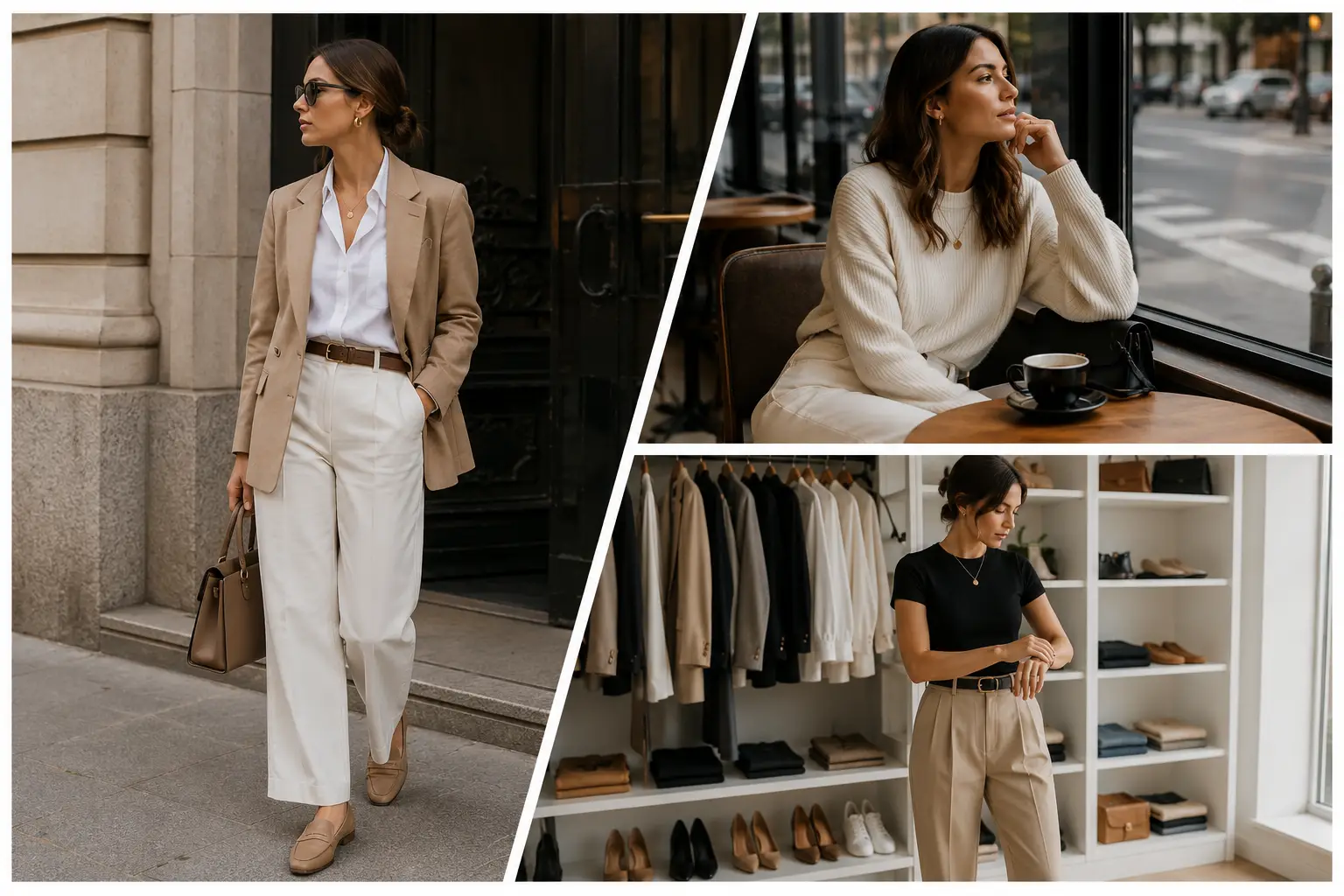 Editorial fashion collage featuring three realistic lifestyle scenes of women demonstrating polished everyday style, including a woman in a beige blazer, white button-down shirt, tailored trousers, loafers, and structured handbag walking through a city; a woman in a cream knit outfit enjoying coffee at a café window; and a woman in a black fitted top and beige trousers standing in front of an organized neutral capsule wardrobe, showcasing effortless outfits, sophisticated wardrobe essentials, coordinated neutral colors, and practical styling ideas for look polished and put together every day.