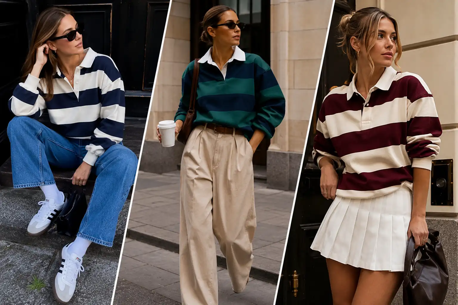 Pinterest fashion collage featuring a stylish woman wearing a striped rugby shirt with polished tailored trousers, loafers, and a structured handbag, surrounded by editorial fashion imagery showing different ways to style rugby shirts with jeans, skirts, trousers, and layered outfits. The sophisticated urban fashion composition highlights modern rugby shirt outfits, polished casual styling, smart-casual fashion, and effortless everyday outfit inspiration. Ways to Wear a Rugby Shirt